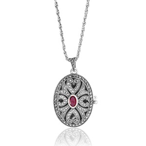 Marcasite Openwork Oval Locket with Garnet and 24" Chain